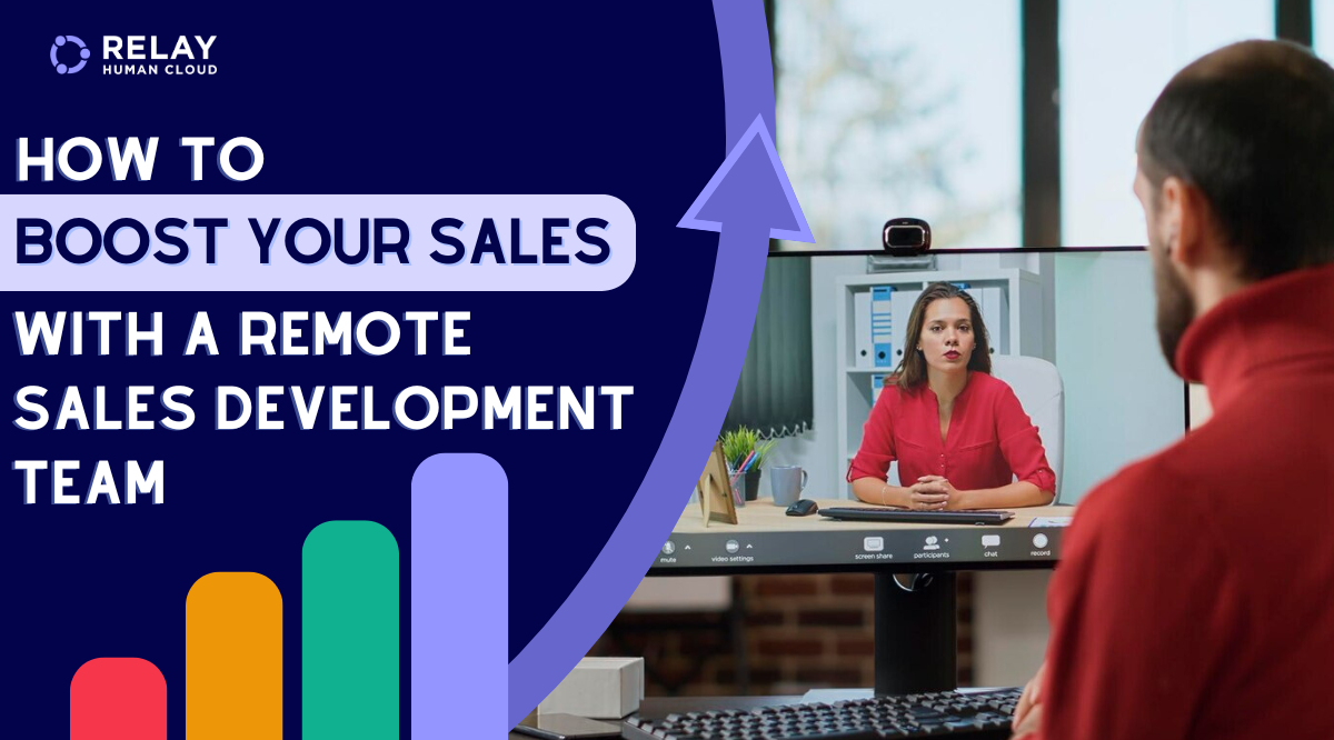 Sales representative is explaining a report to a client on a video call, client is sitting in on office wearing a red turtleneck.